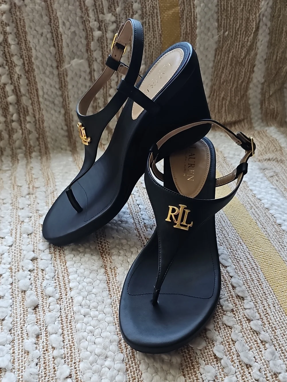 Lauren Ralph Lauren Black Gold RL Logo Wedge Sandals